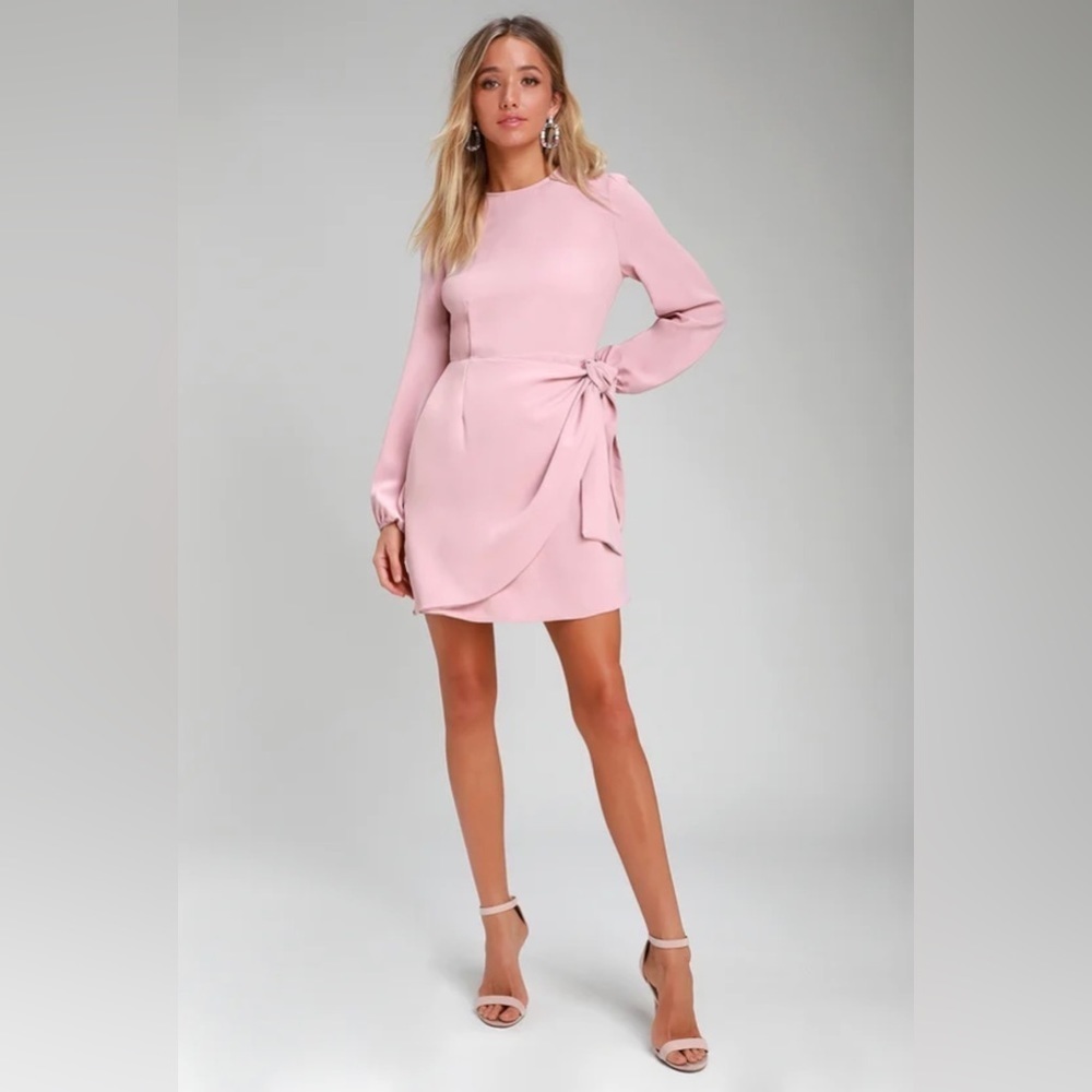 Lulus Rose Pink Believe it Or Knot Long Sleeve Tie Front Skater Dress Size XL